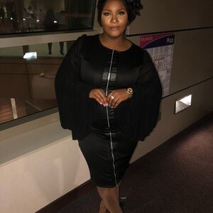 Black Zipper-Front Women's Dress with Bell Sleeves